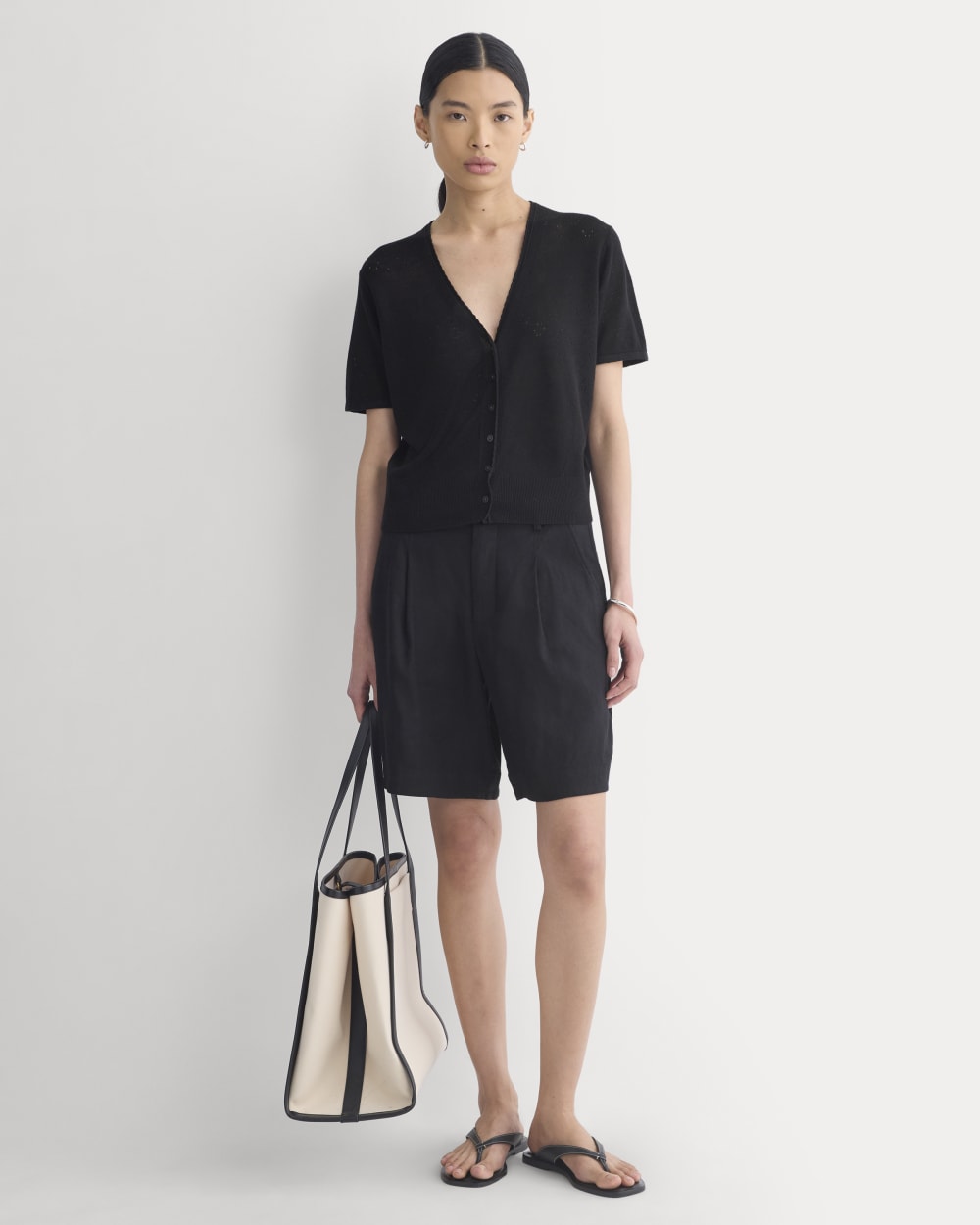 Lace Trim Cardigan in Fine Linen | Black - Image 3