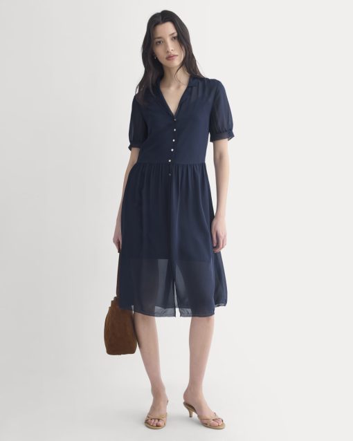 Notch Collar Shirtdress in Silk Georgette | Navy