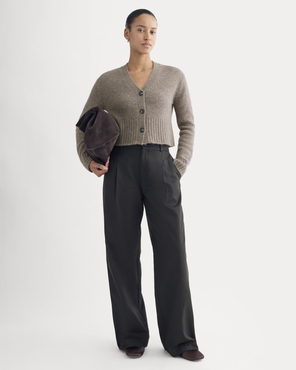 High V Cropped Cardigan in Alpaca | Taupe Melange - Image 5