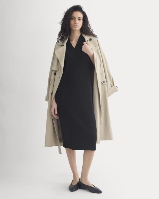 Relaxed V-Neck Midi Sweater Dress in Cotton Merino | Black