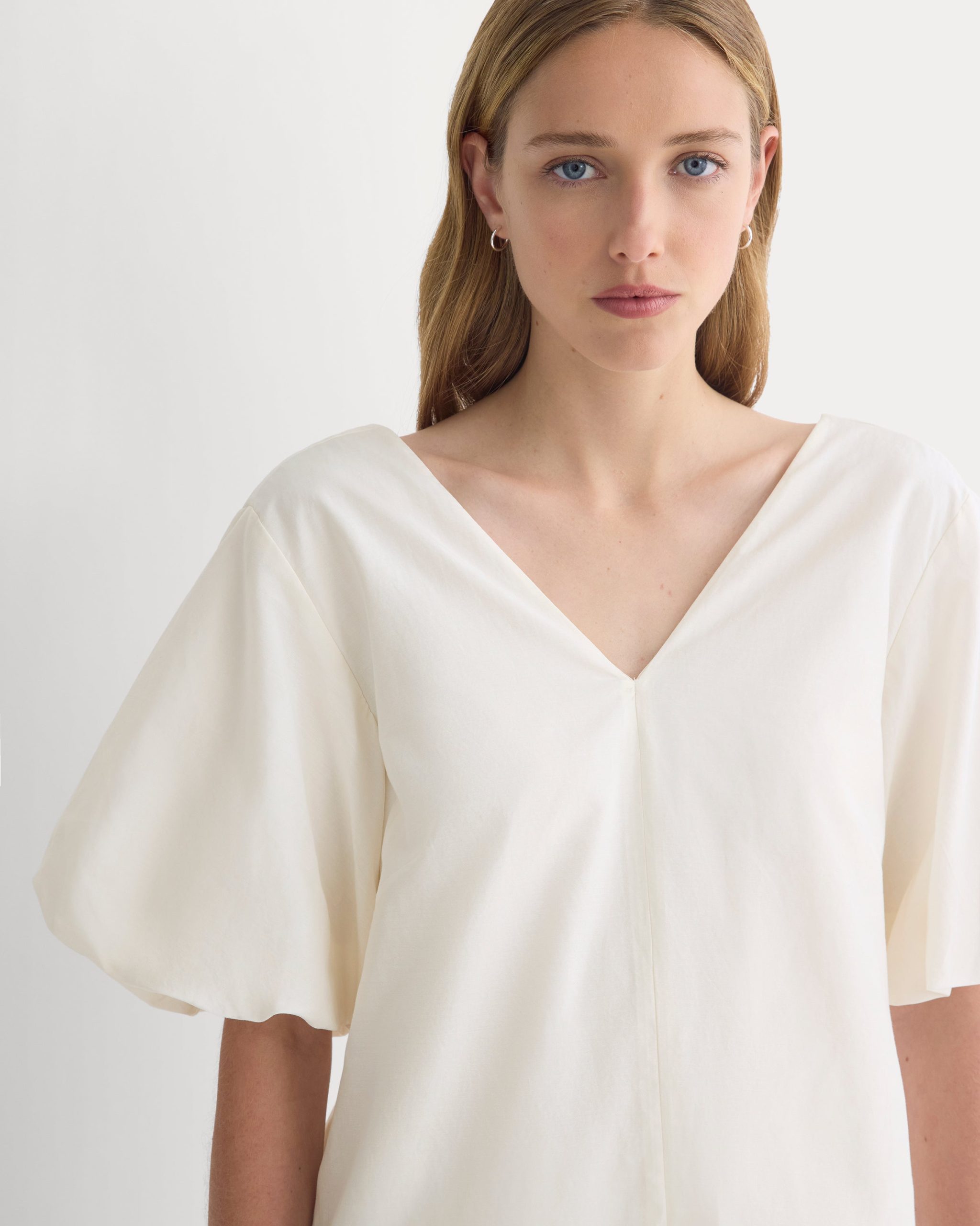 Bubble-Sleeve Mini Dress in Cotton Silk Voile | Bone - Image 3