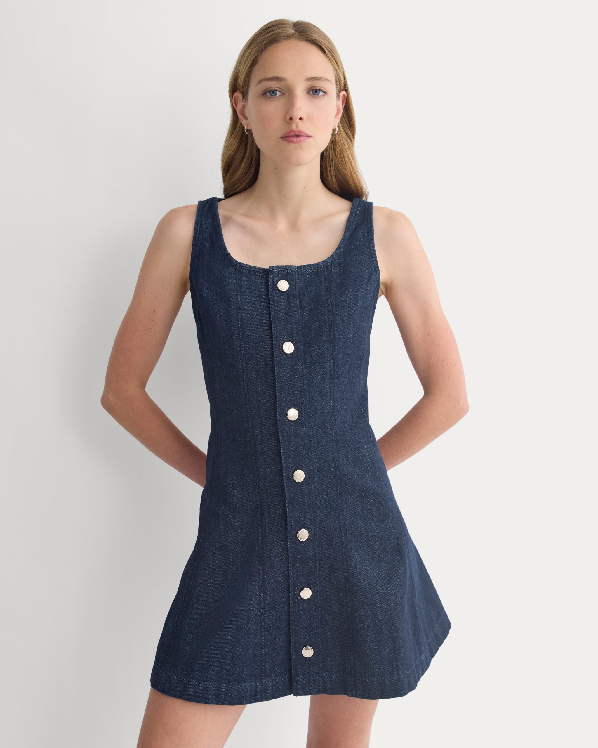 Denim Button-Front Mini Dress | Dark Indigo - Image 3