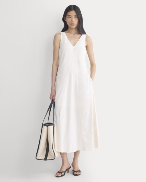 Deep V Seamed Dress in Stretch Linen | Bone