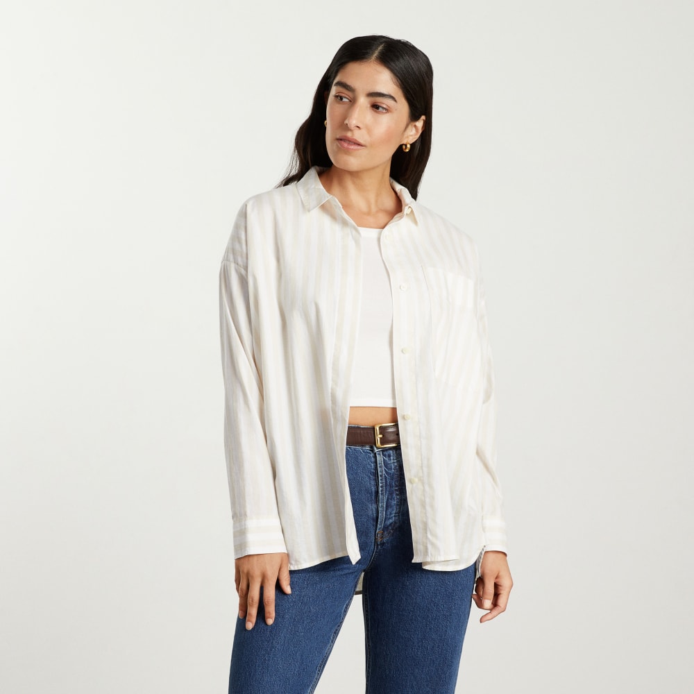 The Oversized Silky Cotton Shirt | Sand / White - Image 2