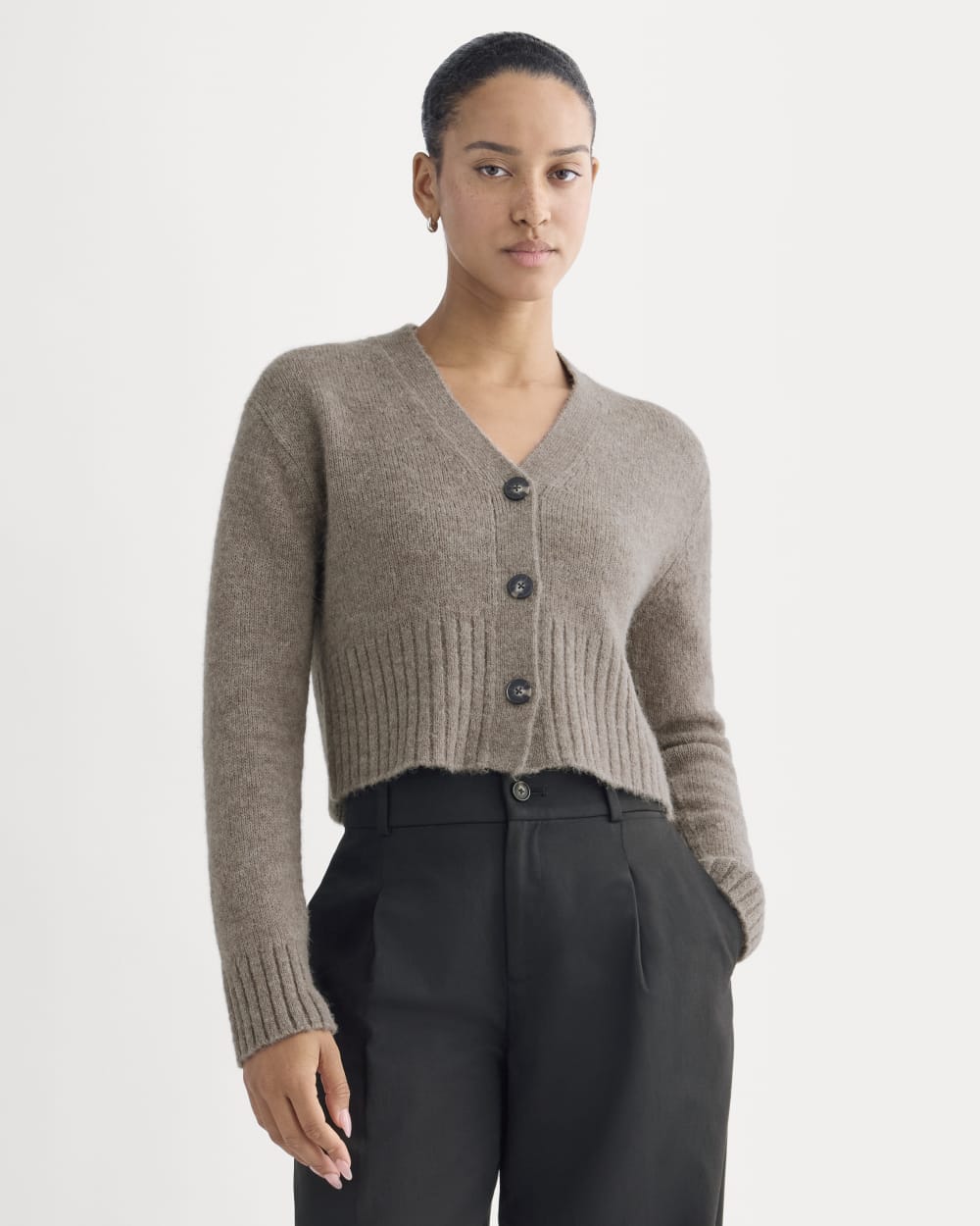 High V Cropped Cardigan in Alpaca | Taupe Melange - Image 4