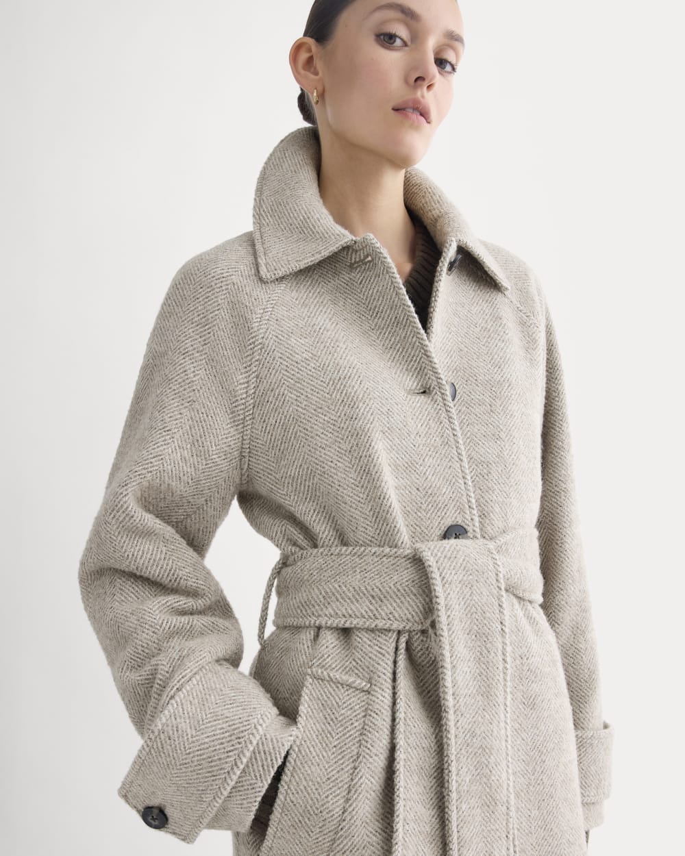 Italian Belted Overcoat | Taupe Herringbone - Image 3
