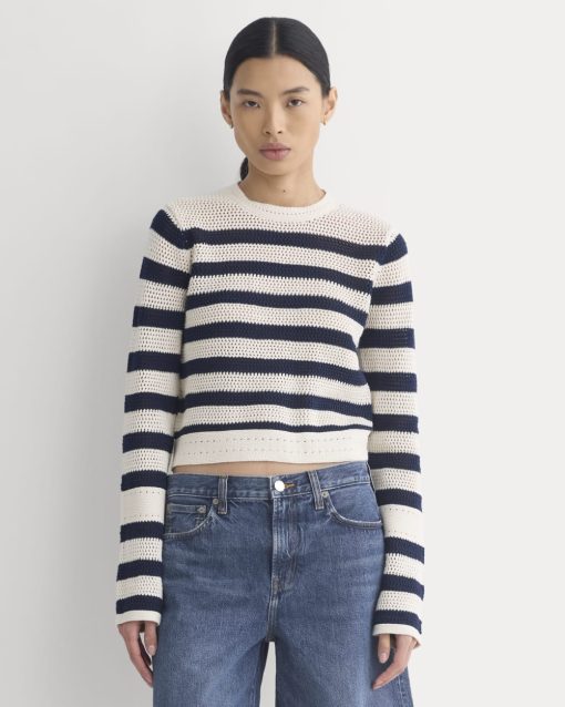 Open Knit Long-Sleeve Crew in Everyday Cotton | Canvas / Navy