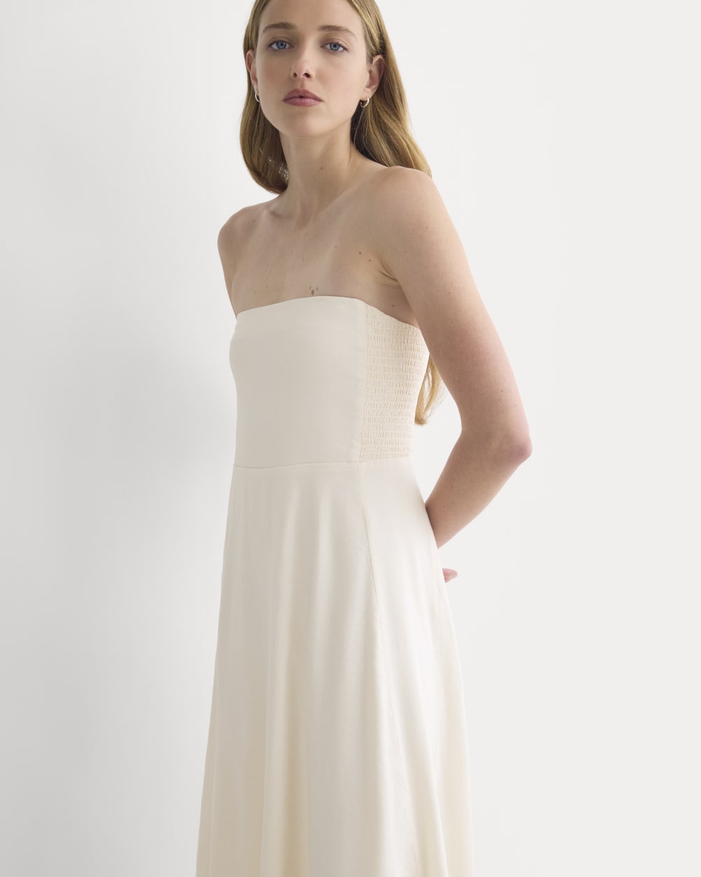 Strapless Dress in Stretch Linen | Bone - Image 3
