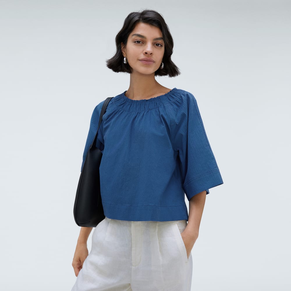 The Seersucker Gathered Tee | Deep Blue - Image 5