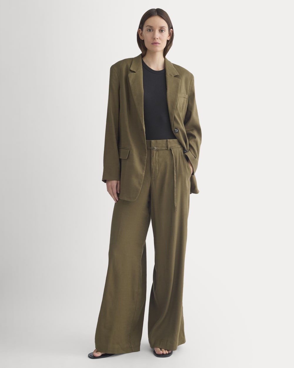 Wide-Leg Belted Pant in Stretch Linen | Beech | Regular