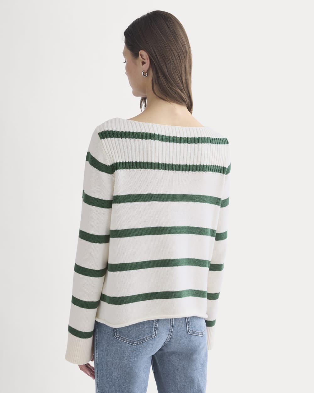 Striped Boatneck Sweater in Everyday Cotton | Hunter Green/Bone - Image 5
