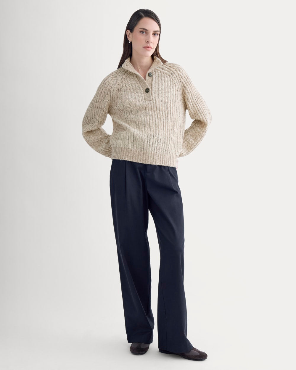Funnel-Neck Ribbed Henley Sweater | Heathered Almond / Bone Vertical Stripe - Image 3