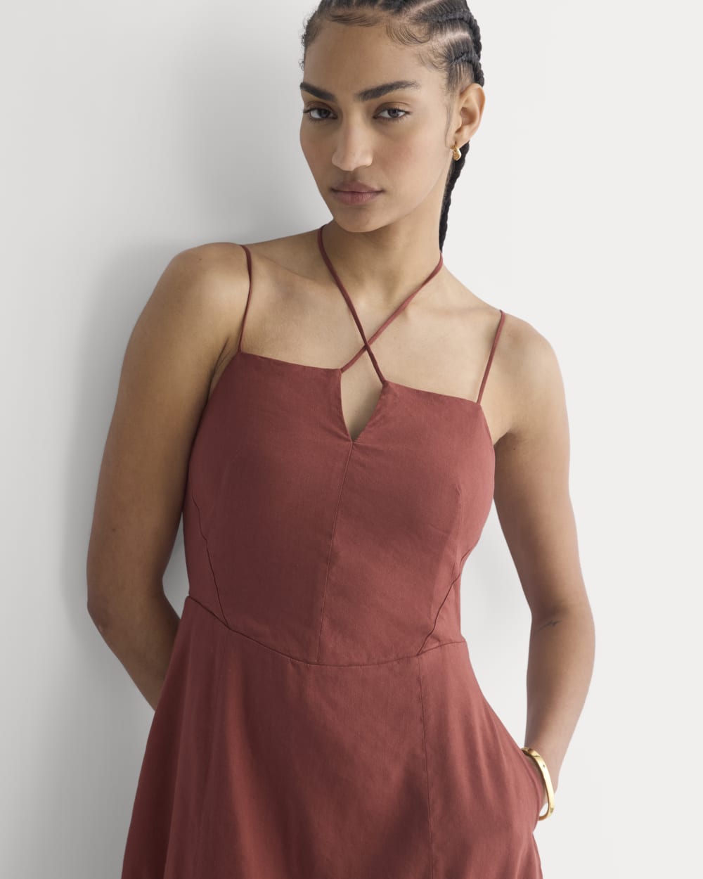 Tie-Neck Dress in Stretch Linen | Henna Red - Image 4