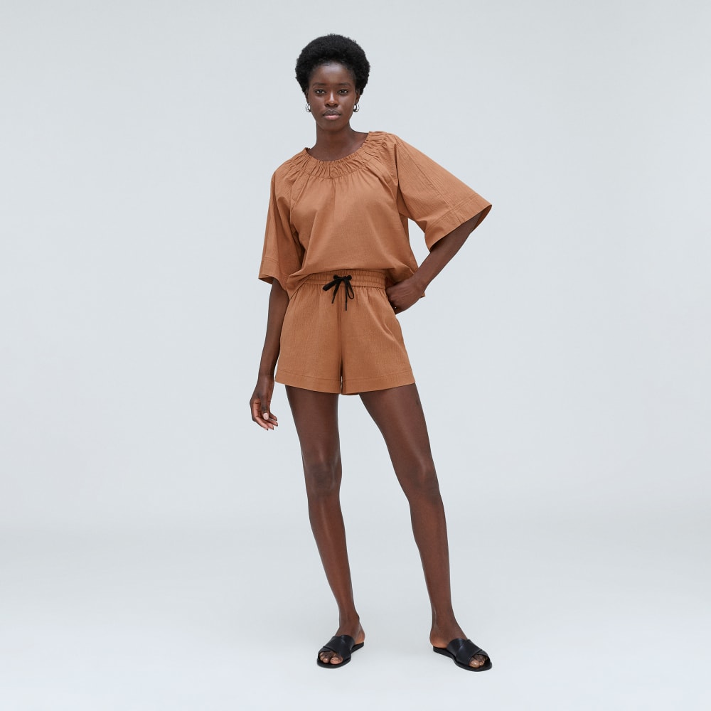 The Seersucker Gathered Tee | Tawny Brown - Image 5