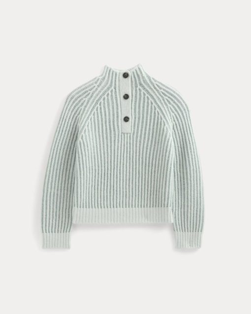 Alternative view of Funnel-Neck Ribbed Henley Sweater | Chalk Blue / Grey Mist Vertical Stripe