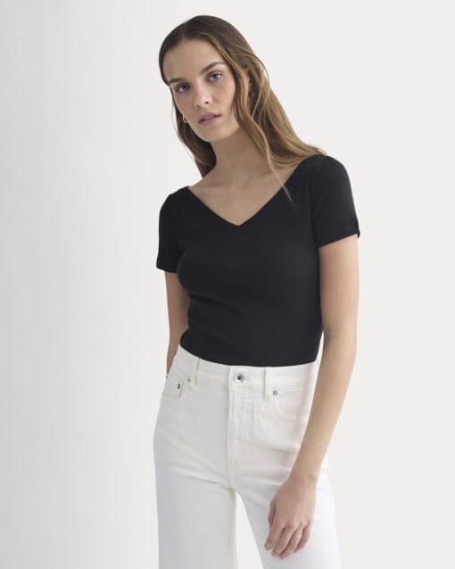Tissue Short-Sleeve V-Neck Top | Black
