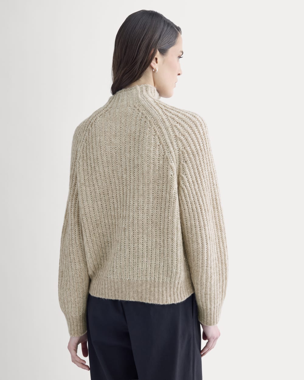Funnel-Neck Ribbed Henley Sweater | Heathered Almond / Bone Vertical Stripe - Image 6