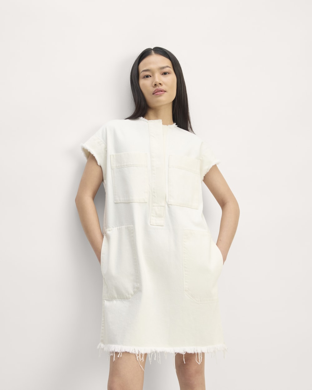 The Denim Workwear Shirtdress | Frayed Hem Bone - Image 4