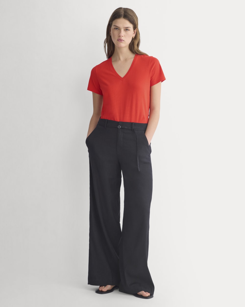 The Slim V-Neck Tee in Essential Cotton | Fiery Red - Image 3