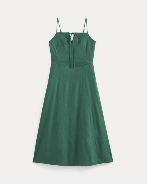 Alternative view of Tie-Neck Dress in Stretch Linen | Evergreen