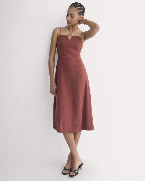 Tie-Neck Dress in Stretch Linen | Henna Red