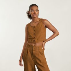 Alternative view of The Linen Button-Front Crop Tank | Tawny Brown