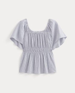 Alternative view of The Flutter-Sleeve Top in Stretch Linen | White / Dutch Blue