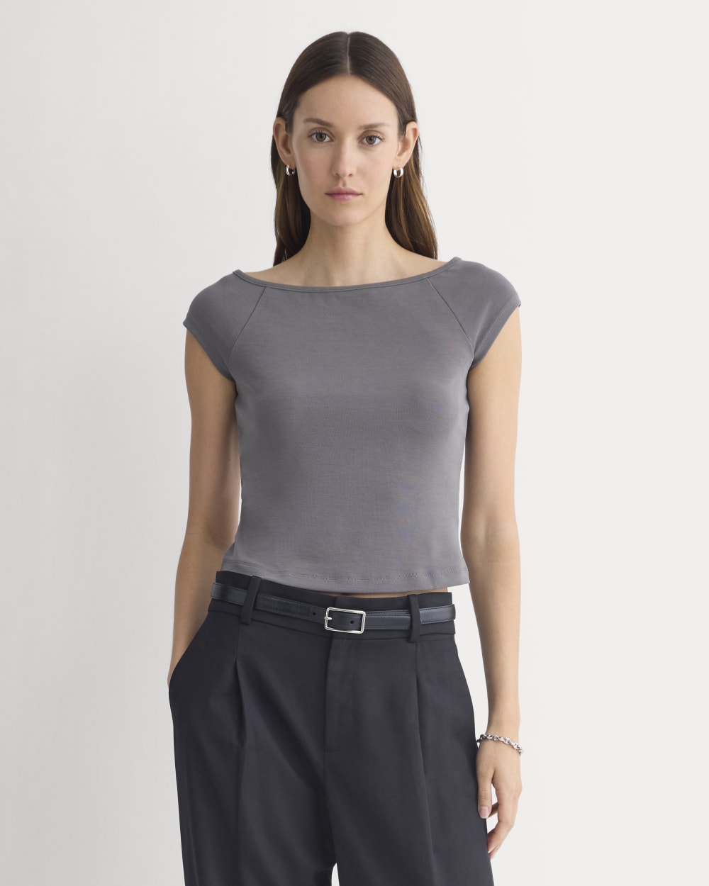 Boatneck Cap-Sleeve Top in Butterknit | Charcoal Grey