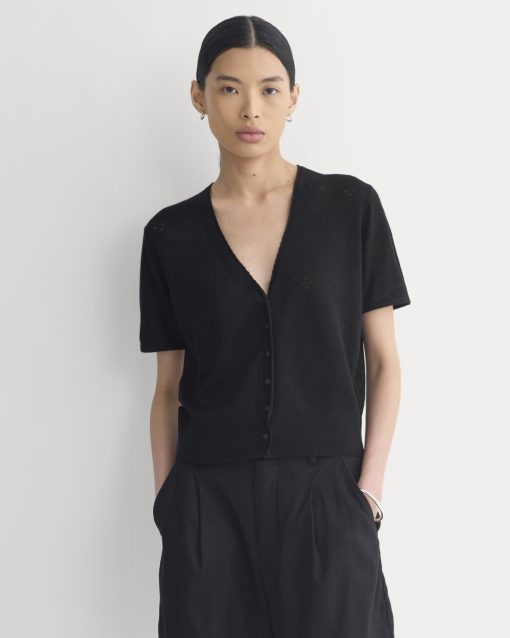 Lace Trim Cardigan in Fine Linen | Black