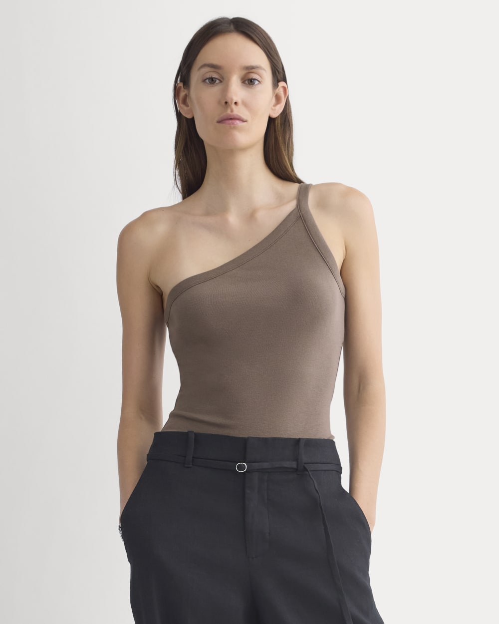 RetroSoft Cotton One-Shoulder Tank | Deep Taupe
