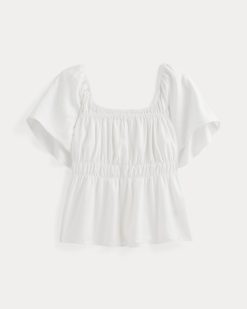 Alternative view of The Flutter-Sleeve Top in Stretch Linen | White