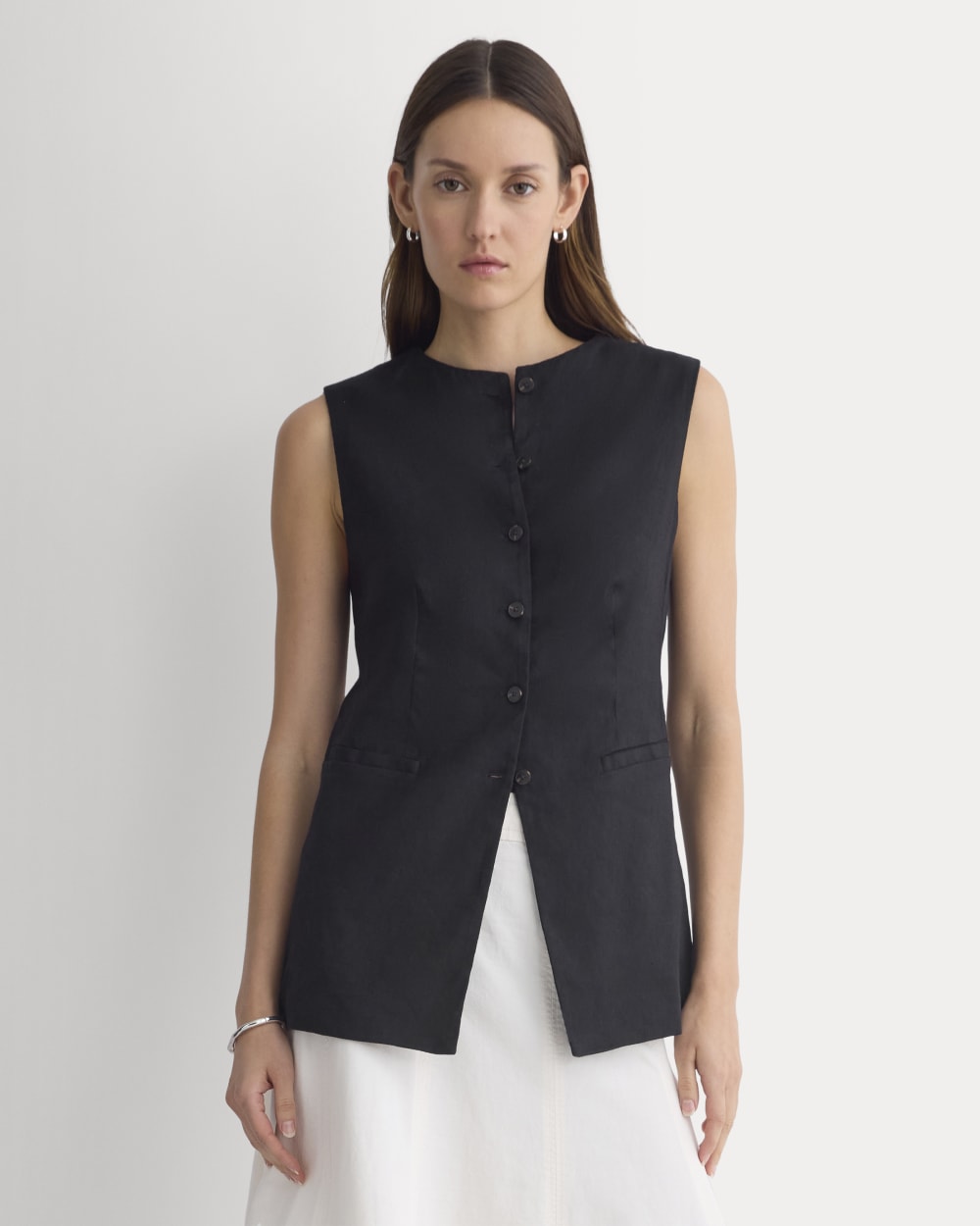 Long Vest in Stretch Linen | Black