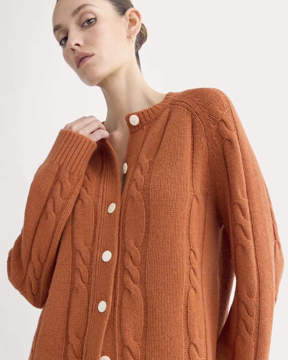 Cable Cardigan in Extrafine Luxe Merino | Rust Heather - Image 4