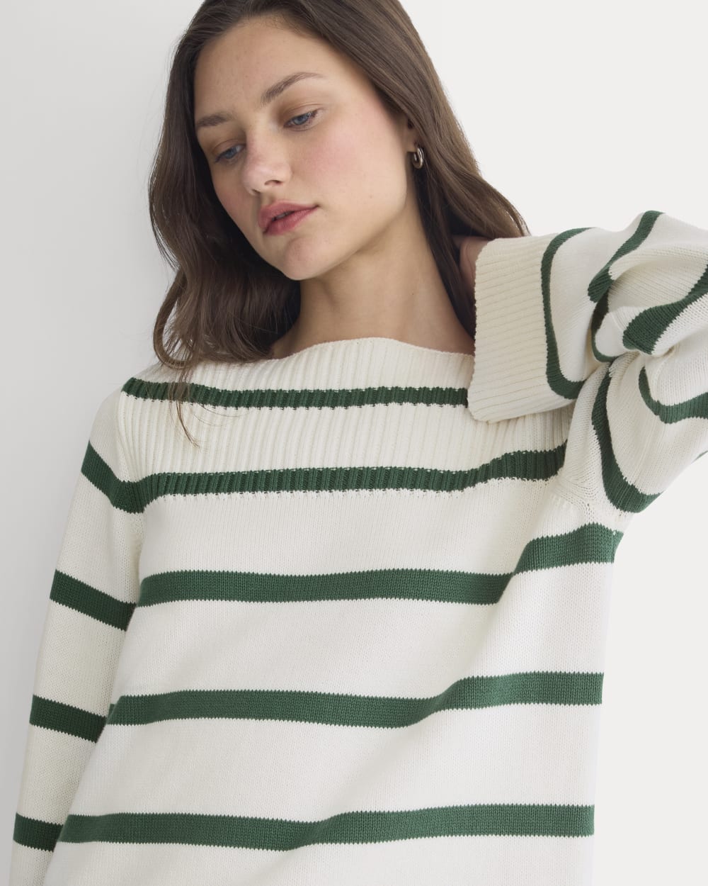 Striped Boatneck Sweater in Everyday Cotton | Hunter Green/Bone - Image 4