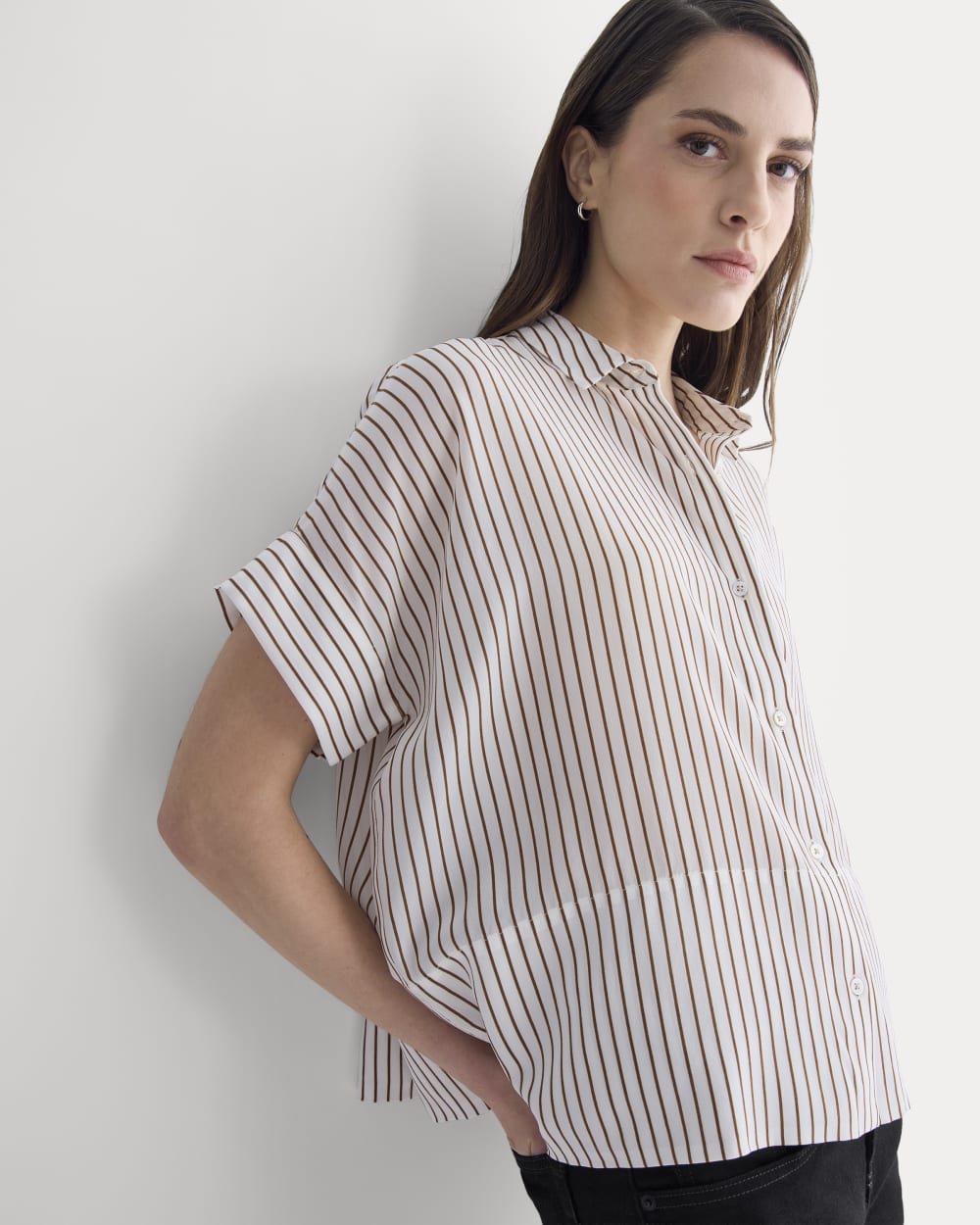 The Boxy Shirt in Washable Silk | Bone / Toffee Stripe - Image 4