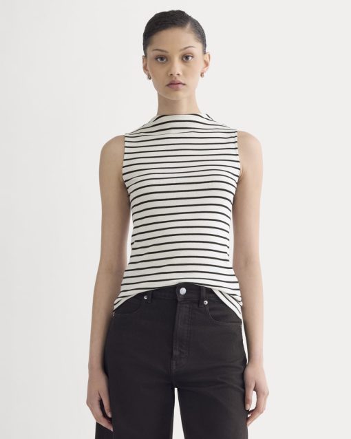 The Luxe Rib Funnel-Neck Tank | Bone / Black