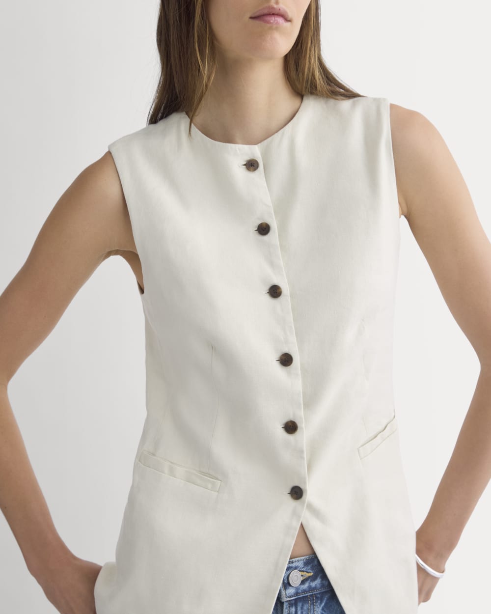Long Vest in Stretch Linen | Birch - Image 4