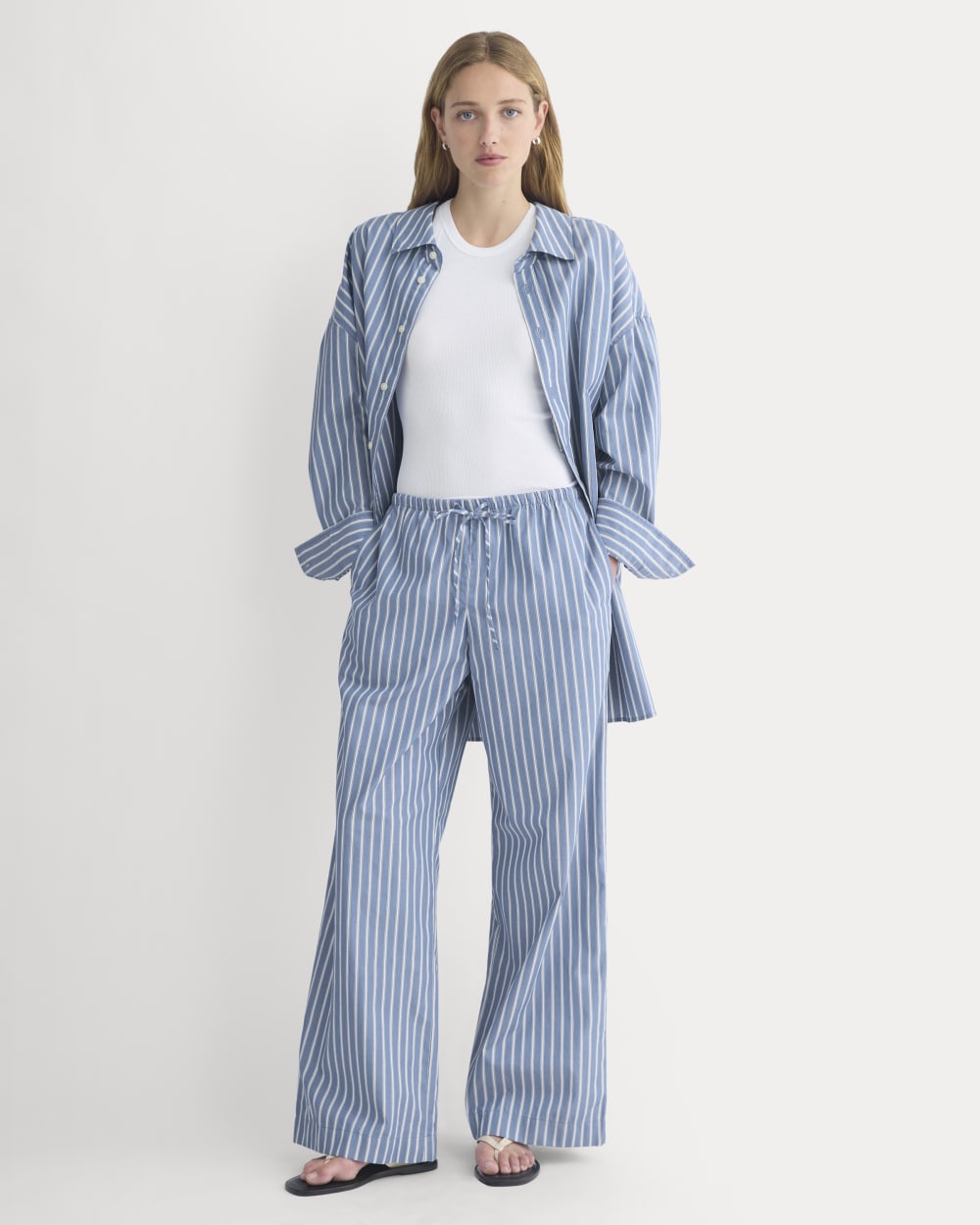 Wide-Leg Drawstring Pant in Washed Poplin | Dutch Blue / Bone - Image 7
