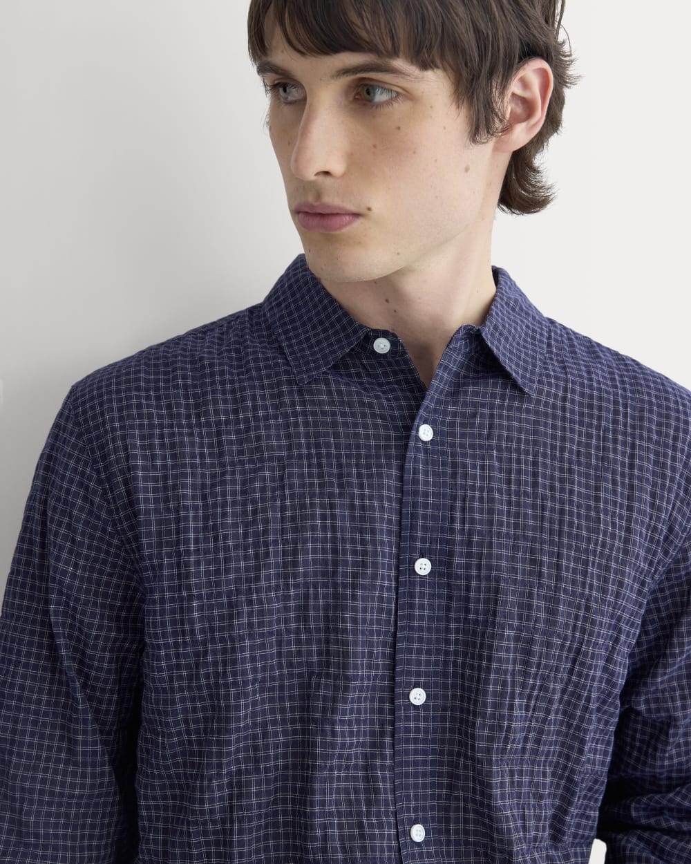 Textured Voile Button-Up Shirt | Navy Plaid - Image 3