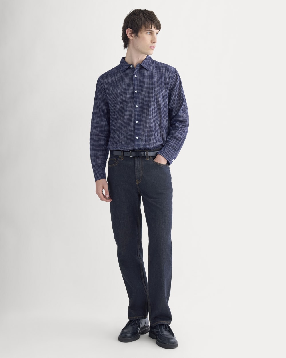 Textured Voile Button-Up Shirt | Navy Plaid - Image 4